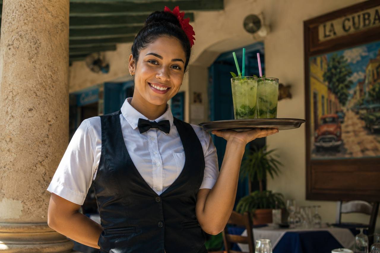 Camarera cubana sonriente en su lugar de trabajo